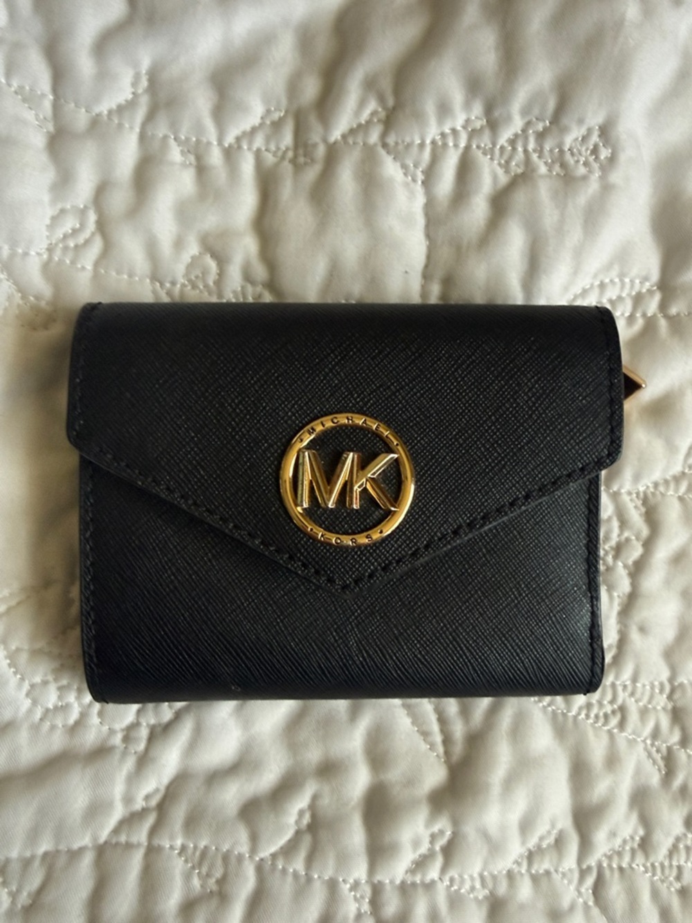 Michael Kors Black Trifold Saffiano Wallet with Gold MK Emblem